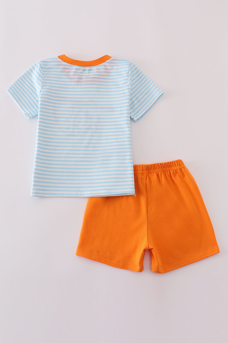 Children's blue striped outfit with playful fishing applique, perfect for outdoor adventures.