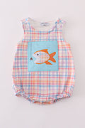 Blue plaid bubble romper with playful fish embroidery, perfect for summer fun.