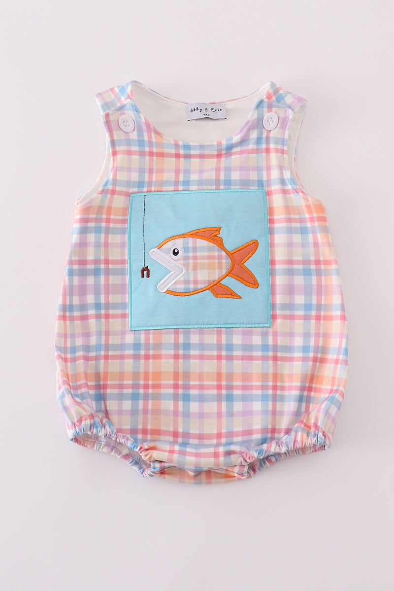 Blue plaid bubble romper with playful fish embroidery, perfect for summer fun.