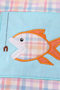 Blue plaid bubble romper with playful fish embroidery, perfect for summer fun.