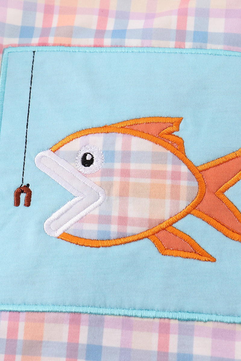 Blue plaid bubble romper with playful fish embroidery, perfect for summer fun.