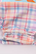 Blue plaid bubble romper with playful fish embroidery, perfect for summer fun.