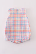 Blue plaid bubble romper with playful fish embroidery, perfect for summer fun.