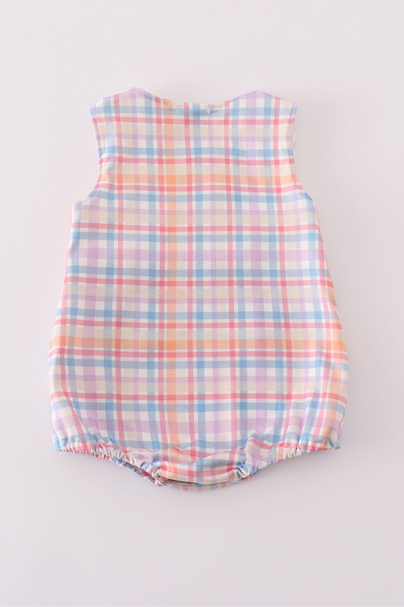 Blue plaid bubble romper with playful fish embroidery, perfect for summer fun.