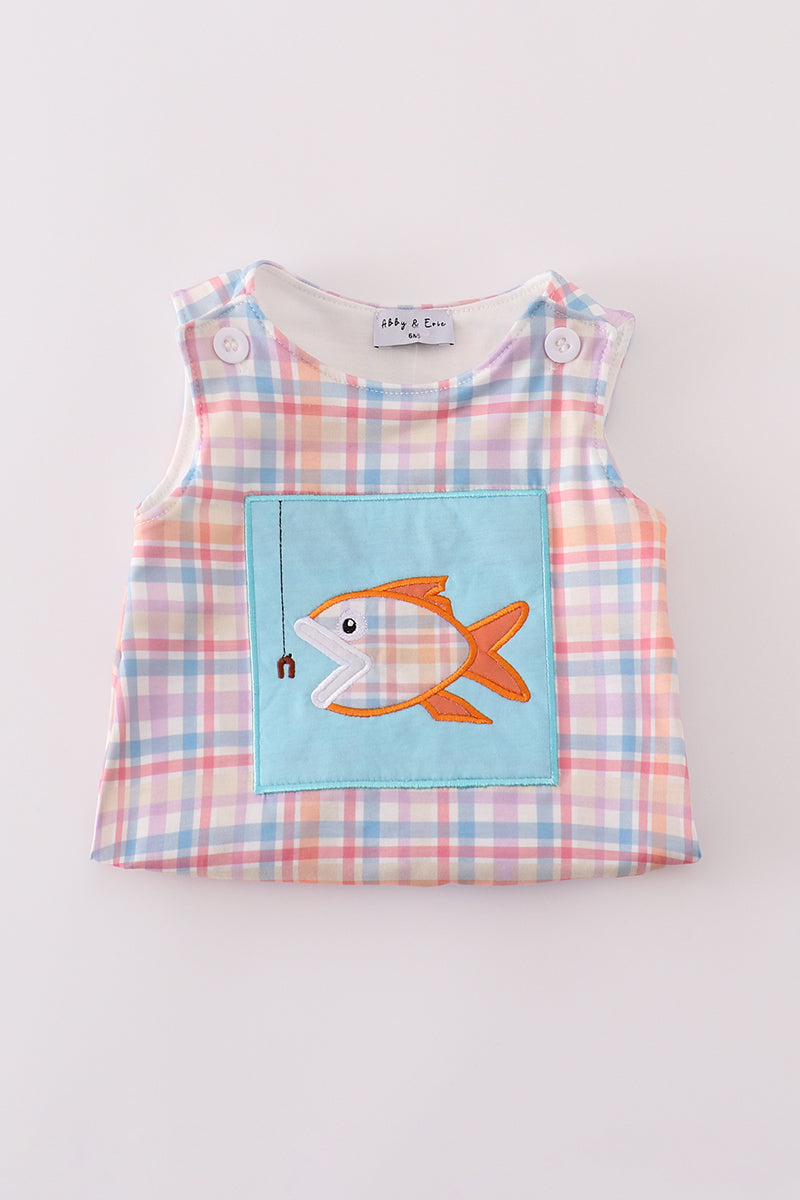 Blue plaid bubble romper with playful fish embroidery, perfect for summer fun.