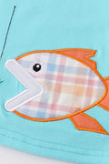 Blue plaid fish embroidery set: cozy shirt and shorts with playful ocean theme.