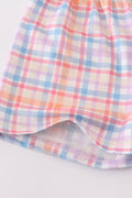 Blue plaid fish embroidery set: cozy shirt and shorts with playful ocean theme.