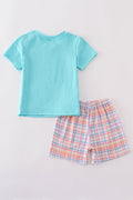 Blue plaid fish embroidery set: cozy shirt and shorts with playful ocean theme.