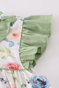 Green garden rose set: vibrant floral top and shorts for playful summer days.