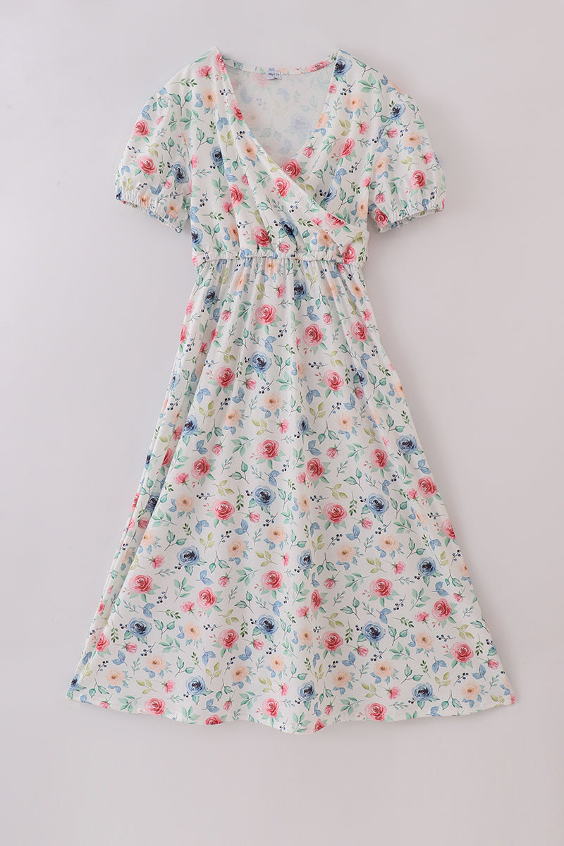 Green garden rose mom dress with vibrant floral pattern, perfect for spring outings.
