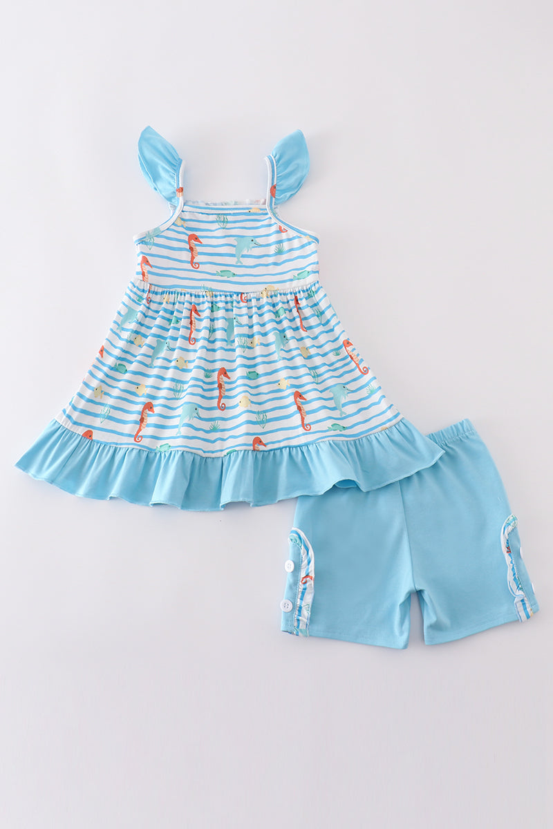 Children’s blue outfit with embroidered sea creatures, perfect for playtime adventures.