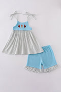 Blue farm chicken embroidery short set with playful farm-themed design for kids.