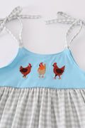 Blue farm chicken embroidery short set with playful farm-themed design for kids.