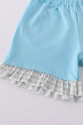 Blue farm chicken embroidery short set with playful farm-themed design for kids.