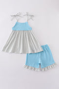 Blue farm chicken embroidery short set with playful farm-themed design for kids.