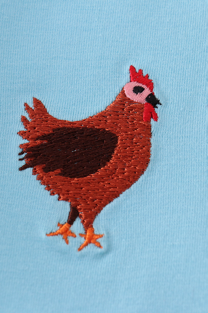 Blue farm-themed set with chicken embroidery, perfect for playful, everyday wear.