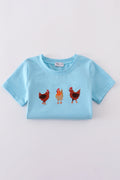Blue farm-themed set with chicken embroidery, perfect for playful, everyday wear.
