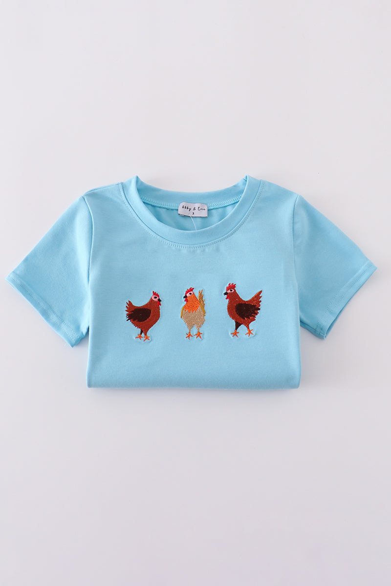 Blue farm-themed set with chicken embroidery, perfect for playful, everyday wear.