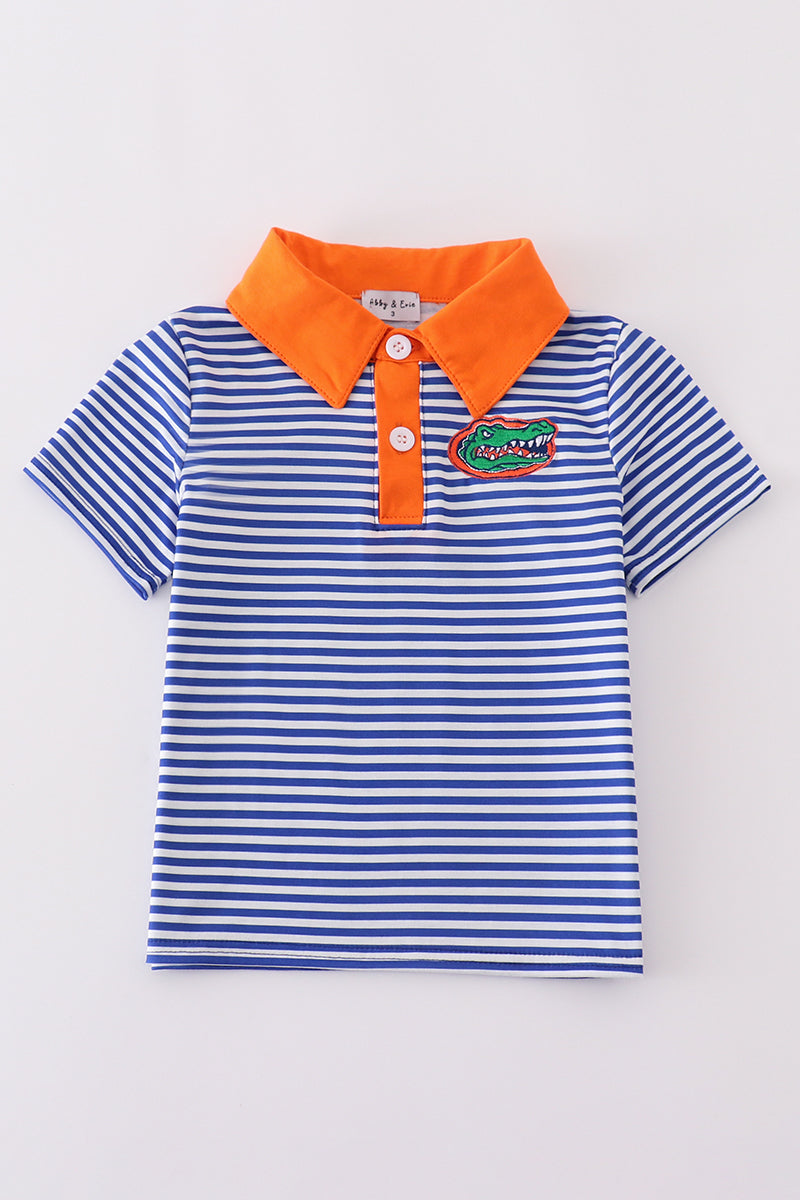 Blue striped button-down shirt with Florida Gators embroidery, perfect for kids' game day.