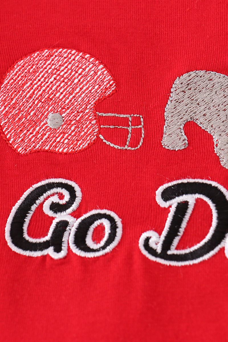 Red Georgia "Go Dawgs" embroidered kids' shirt with playful sports-themed design.