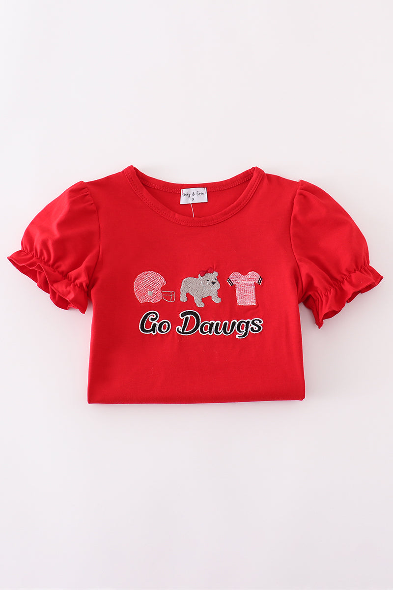 Red Georgia "Go Dawgs" embroidered kids' shirt with playful sports-themed design.