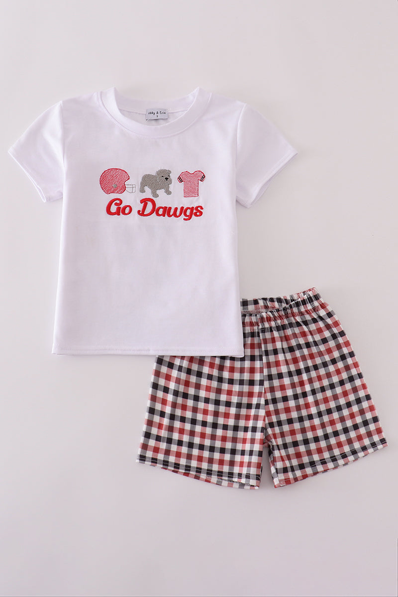 White toddler outfit with "Go Dawgs" embroidery and playful Georgia-themed design.