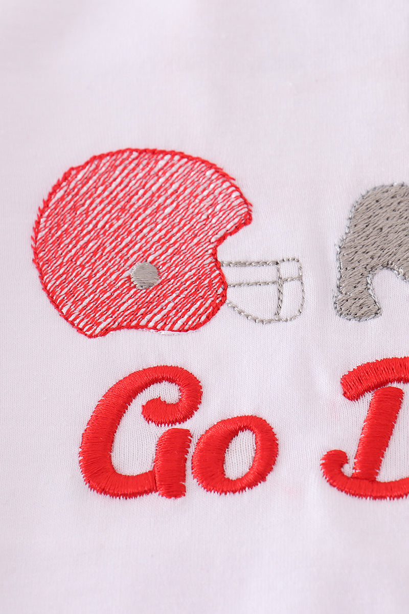 White toddler outfit with "Go Dawgs" embroidery and playful Georgia-themed design.
