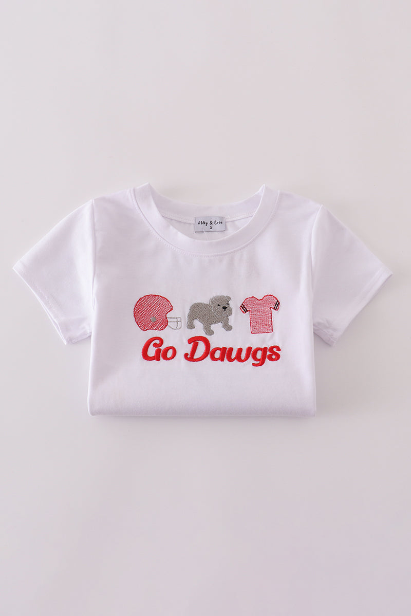 White toddler outfit with "Go Dawgs" embroidery and playful Georgia-themed design.