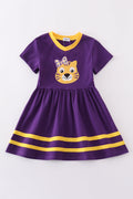 Purple gold LSU applique dress with ruffled sleeves, perfect for game day fun.
