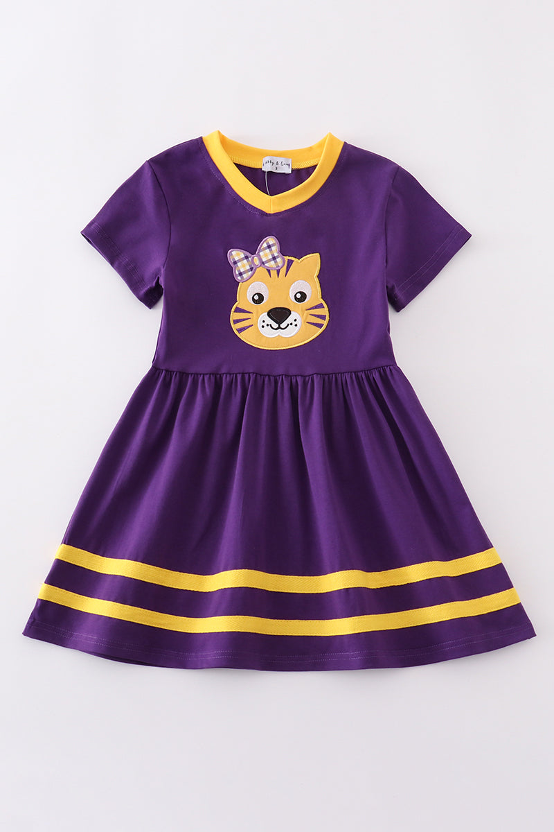 Purple gold LSU applique dress with ruffled sleeves, perfect for game day fun.