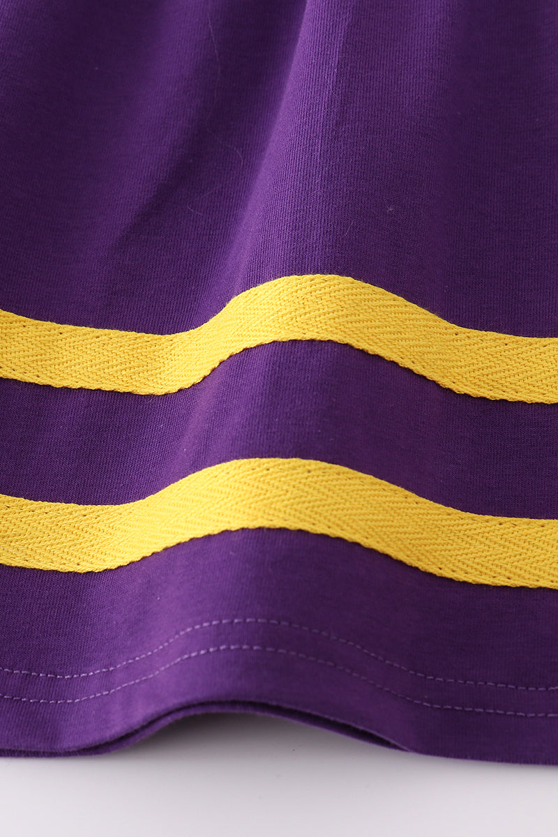 Purple gold LSU applique dress with ruffled sleeves, perfect for game day fun.