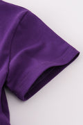 Purple gold LSU applique dress with ruffled sleeves, perfect for game day fun.