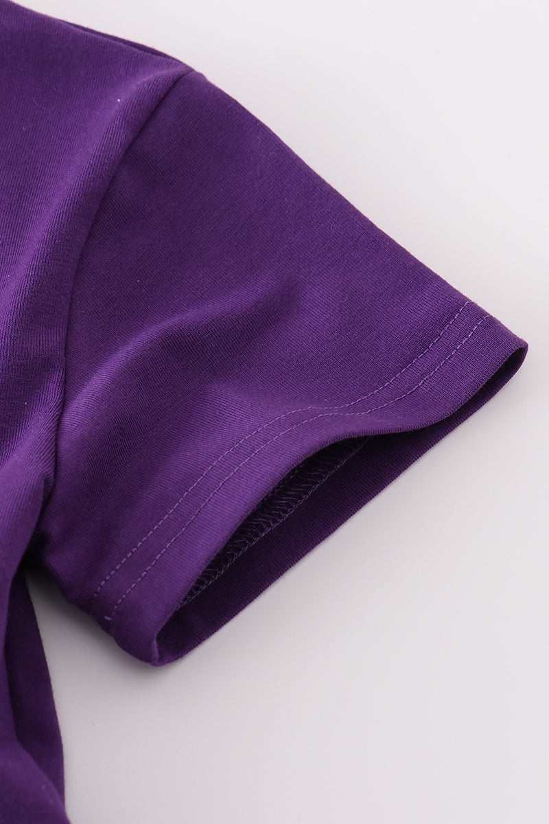 Purple gold LSU applique dress with ruffled sleeves, perfect for game day fun.