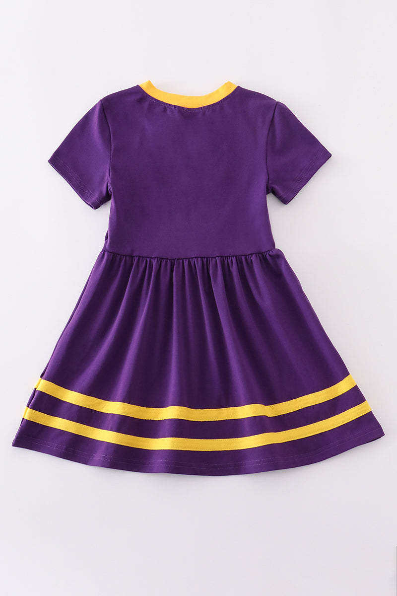 Purple gold LSU applique dress with ruffled sleeves, perfect for game day fun.