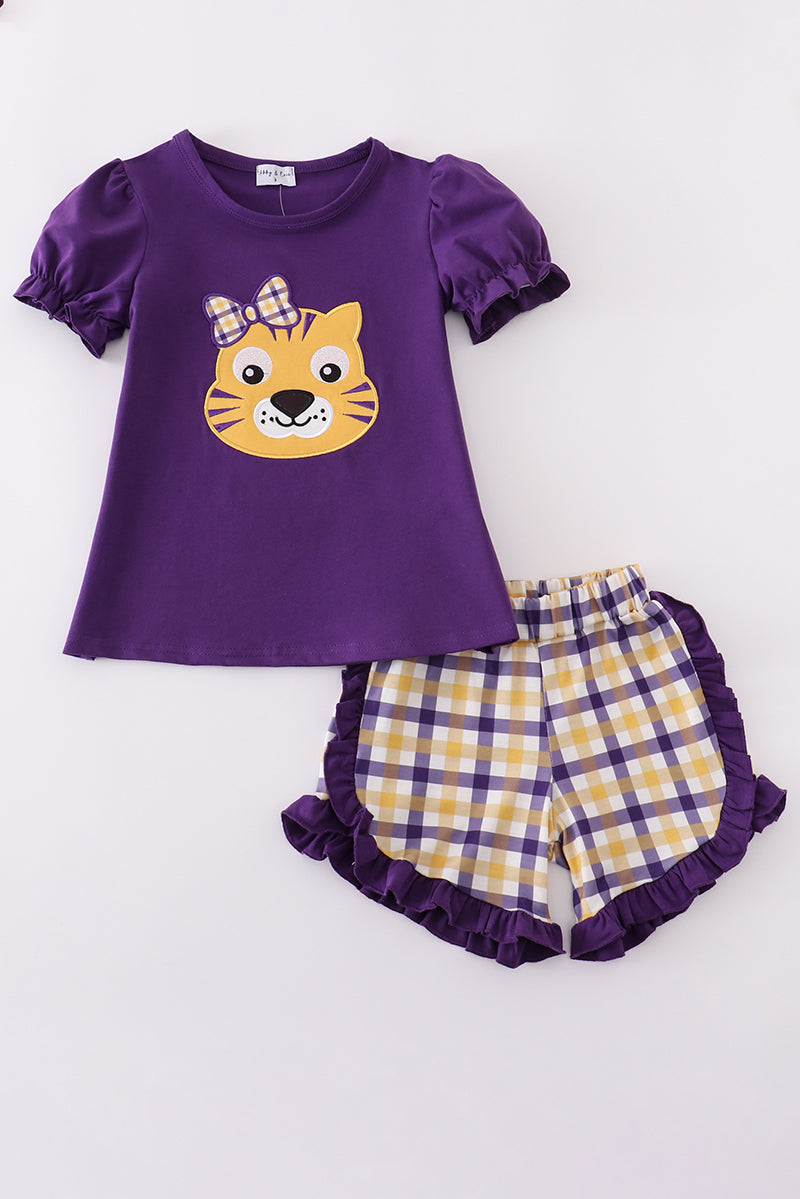 Purple gold LSU applique dress with playful ruffles and team spirit flair.