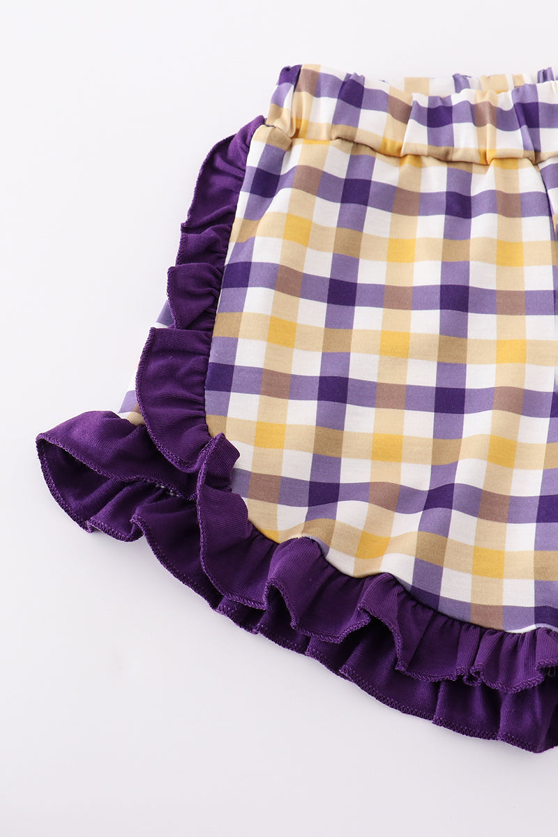 Purple gold LSU applique dress with playful ruffles and team spirit flair.