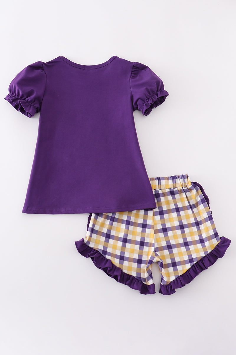 Purple gold LSU applique dress with playful ruffles and team spirit flair.