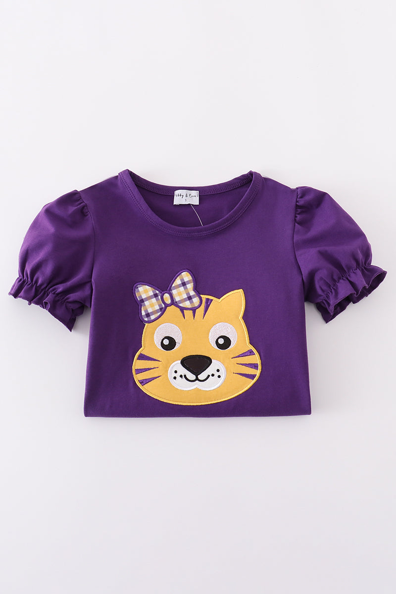Purple gold LSU applique dress with playful ruffles and team spirit flair.