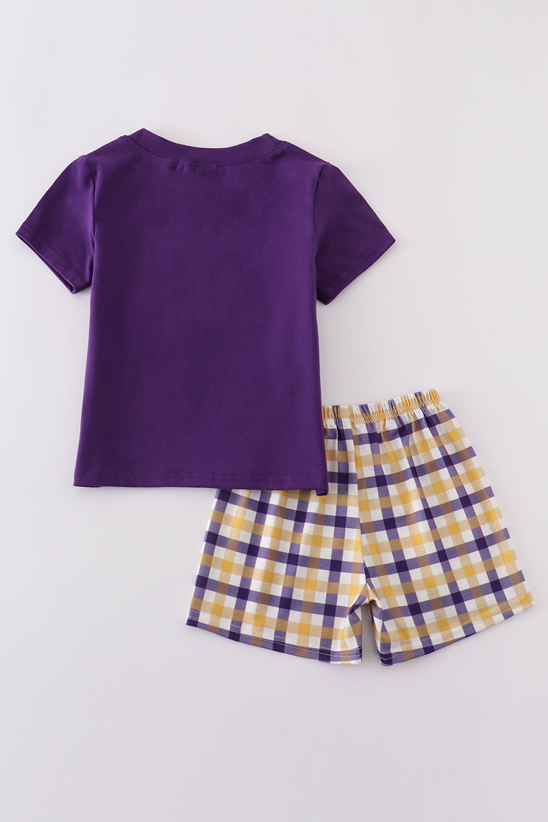 Purple gold LSU applique set: cozy purple sweatshirt and matching joggers with LSU logo.