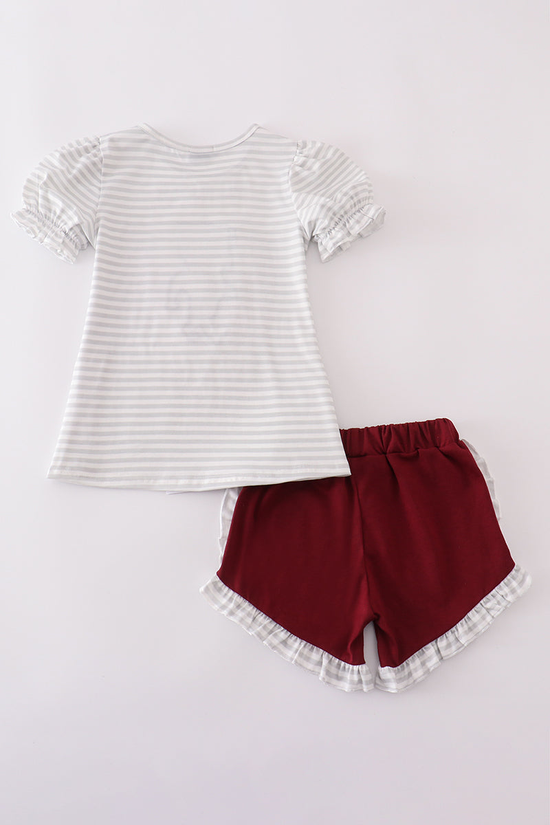 Maroon Mississippi applique stripe set with cozy long sleeves and playful stripes.