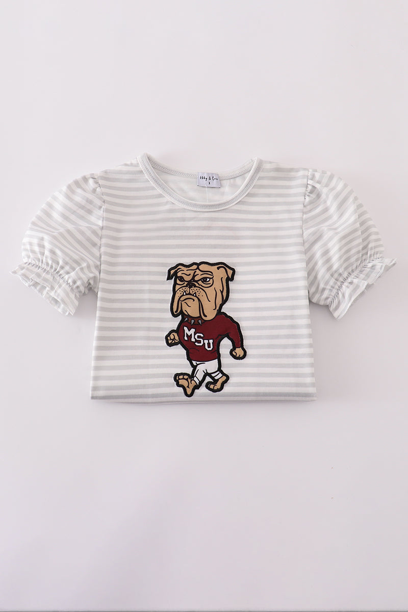 Maroon Mississippi applique stripe set with cozy long sleeves and playful stripes.