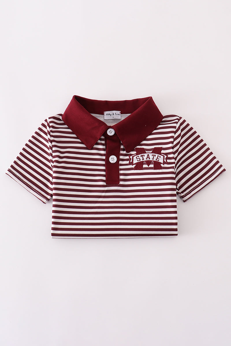 Maroon button-down shirt with Mississippi embroidery, perfect for playful adventures.