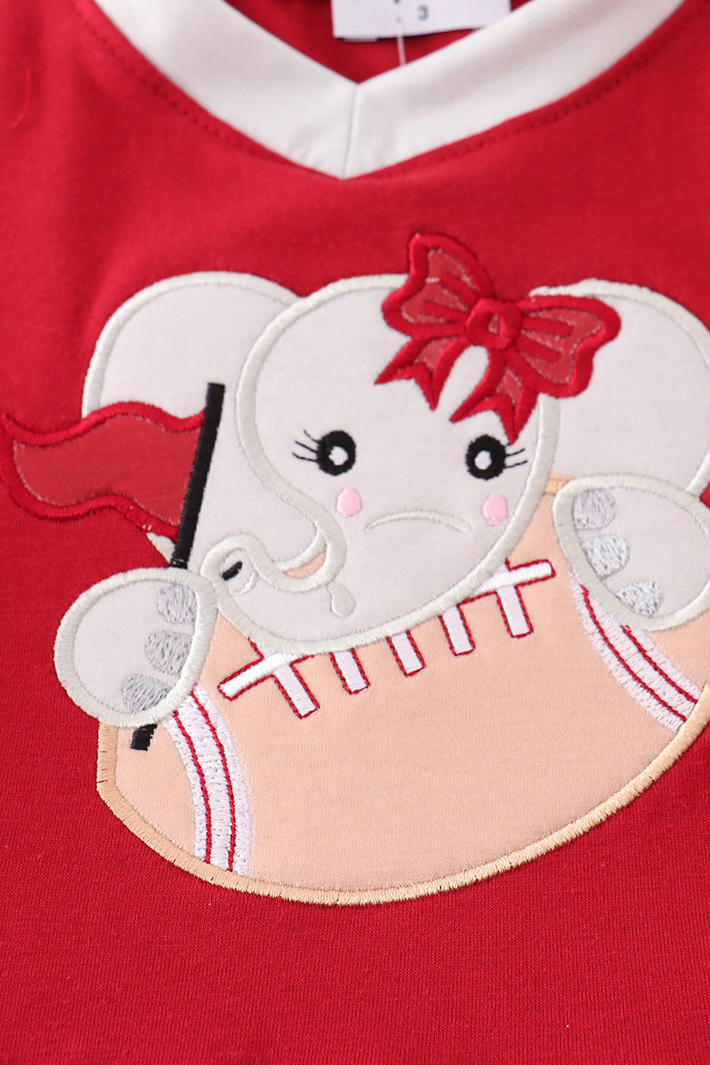 Adorable red dress with an elephant football applique, perfect for game day.