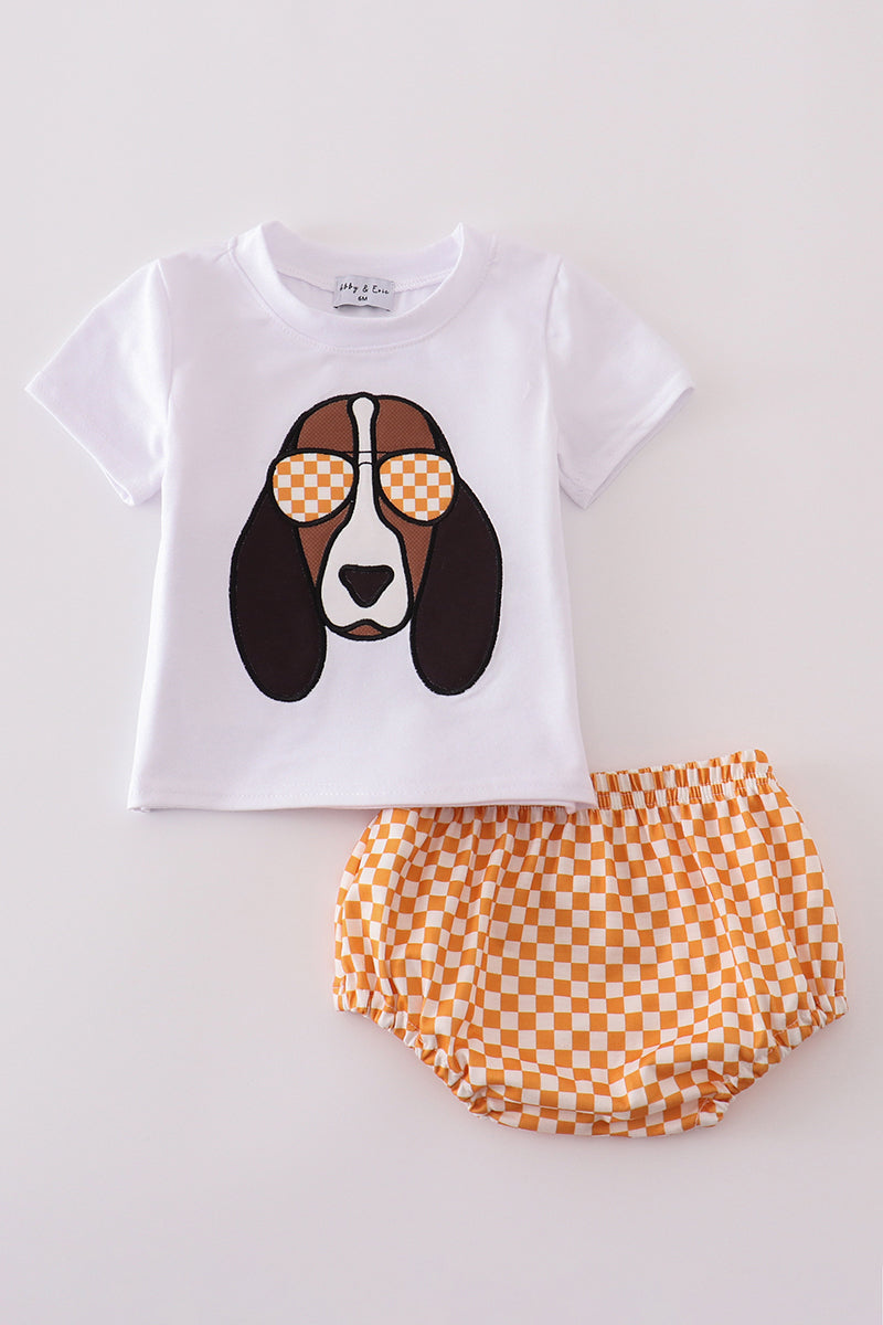 Orange Tennessee applique bloomer set with playful ruffles and cheerful patterns.