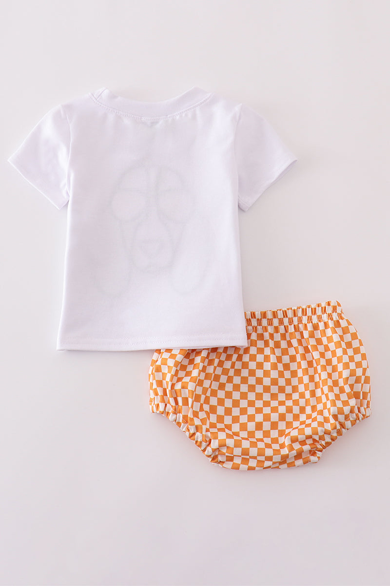 Orange Tennessee applique bloomer set with playful ruffles and cheerful patterns.