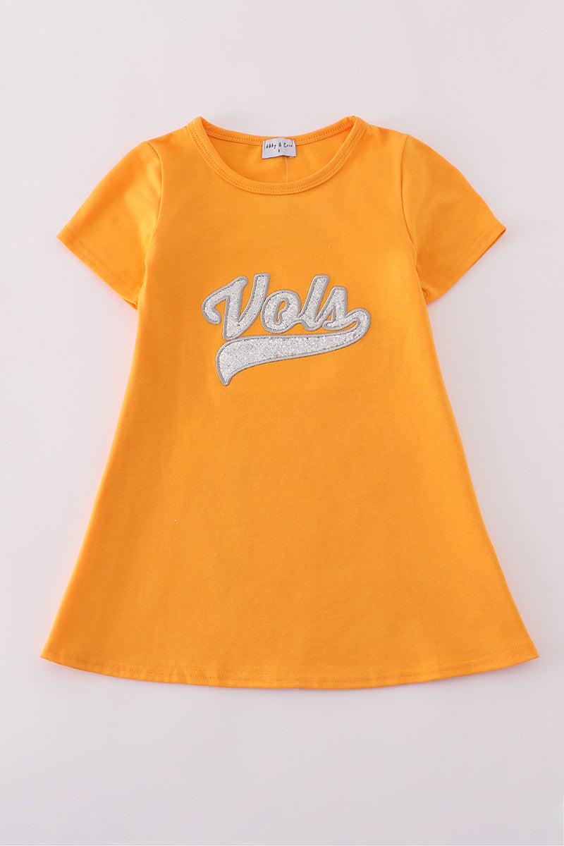 Orange Tennessee Volunteers glitter dress for kids, featuring a sparkly, playful design.