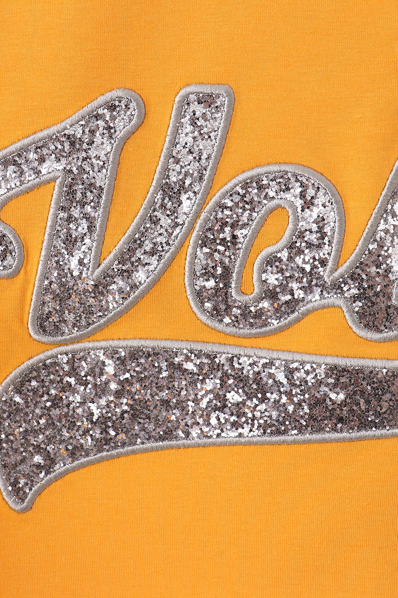 Orange Tennessee Volunteers glitter dress for kids, featuring a sparkly, playful design.