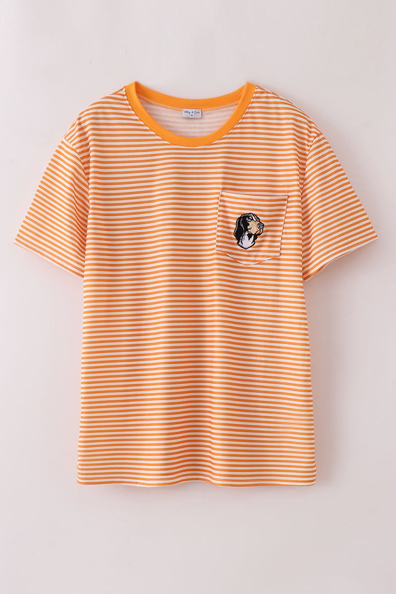 Children's orange shirt with "Tennessee" applique and white stripes, perfect for casual outings.