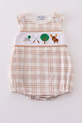 Khaki bubble romper with playful hunting embroidery, perfect for outdoor adventures.