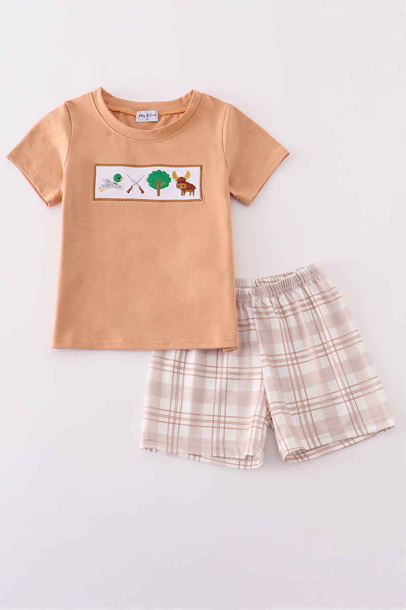 Khaki hunting-themed embroidered set with playful animals, perfect for adventurous kids.